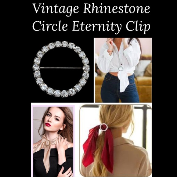 Vintage Rhinestone Jewelry Eternity Circle Scarf Clip Shirt Belt Buckle Silver